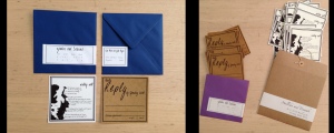 One set of blue and one set of the purple RSVP envelopes.